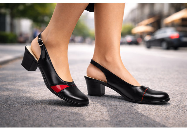 Pantofi eleganți de damă, tip slingback, cu toc gros stabil și design modern în combinație negru-roșu. Ideali pentru ținute office sau casual.